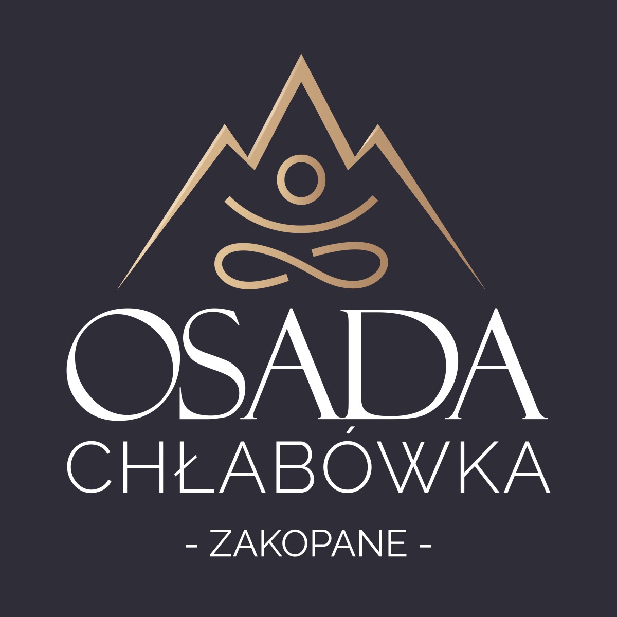 Eleganckie logo w kolorach bieli i złota przedstawiające stylizowany górski krajobraz z symbolem nieskończoności, nad napisem 'OSADA CHŁABÓWKA - ZAKOPANE -' na ciemnoszarym tle.