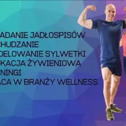 Mężczyzna i kobieta w strojach sportowych prezentują sylwetki na tle grafiki z listą usług: układanie jadłospisów, odchudzanie, modelowanie sylwetki, edukacja żywieniowa, treningi, praca w branży...