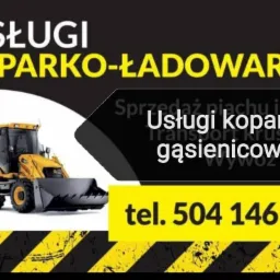 Grafika reklamowa z żółtą koparko-ładowarką JCB, informująca o usługach koparką gąsienicową, sprzedaży piachu i ziemi, transporcie kruszywa oraz wywozie gruzu, z podanym numerem telefonu kontaktowego.