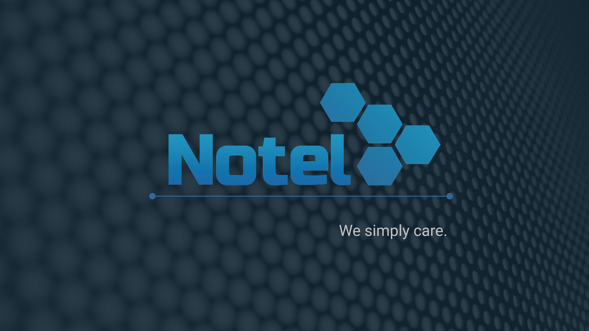 Logo firmy Notel z hasłem 'We simply care' na tle z regularnym wzorem kropek.