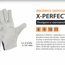 Para skórzanych rękawic roboczych X-Perfect z elastycznym, niebieskim mankietem, prezentowana na białym tle z informacjami o produkcie i dostępnych rozmiarach.