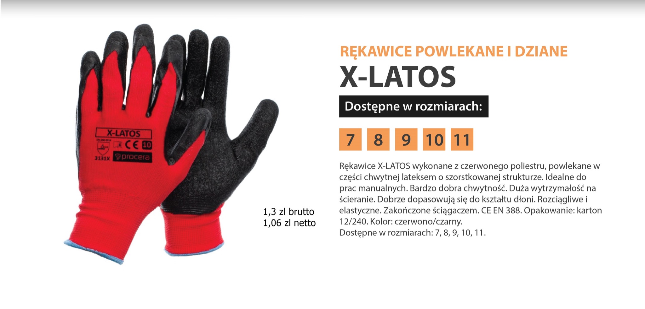 Czerwono-czarne rękawice robocze X-LATOS z powłoką lateksową, widoczne oznaczenia CE i producenta Procera, prezentowane na białym tle z informacjami o dostępnych rozmiarach i cenie.