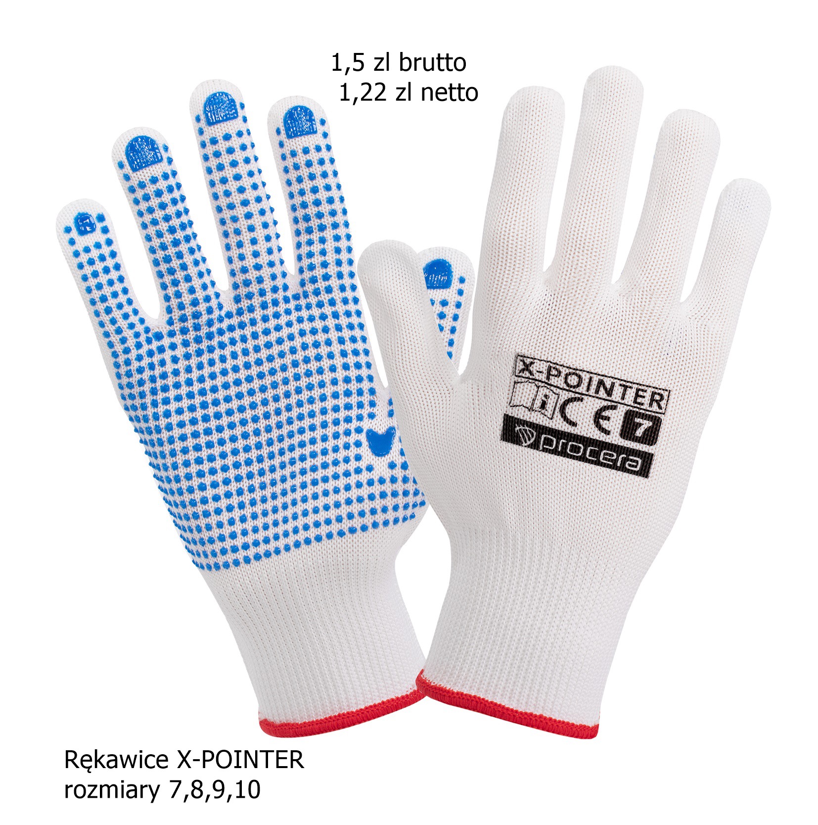 Para białych, dzianinowych rękawic roboczych z niebieskimi, gumowymi kropkami na dłoni i palcach, z czerwonym ściągaczem, widoczne logo X-POINTER i oznaczenia CE.