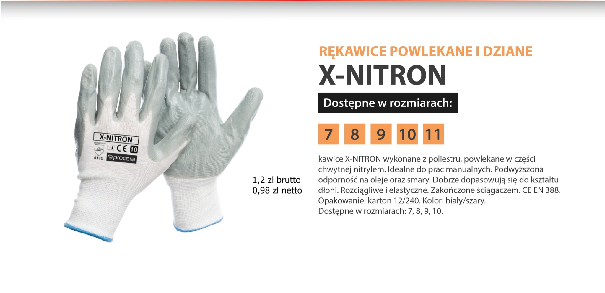 Prezentacja pary białych, powlekanych rękawic X-NITRON, dostępnych w rozmiarach 7-11, idealnych do prac manualnych w Suwałkach. Widoczne oznaczenia CE i logo producenta Procera.