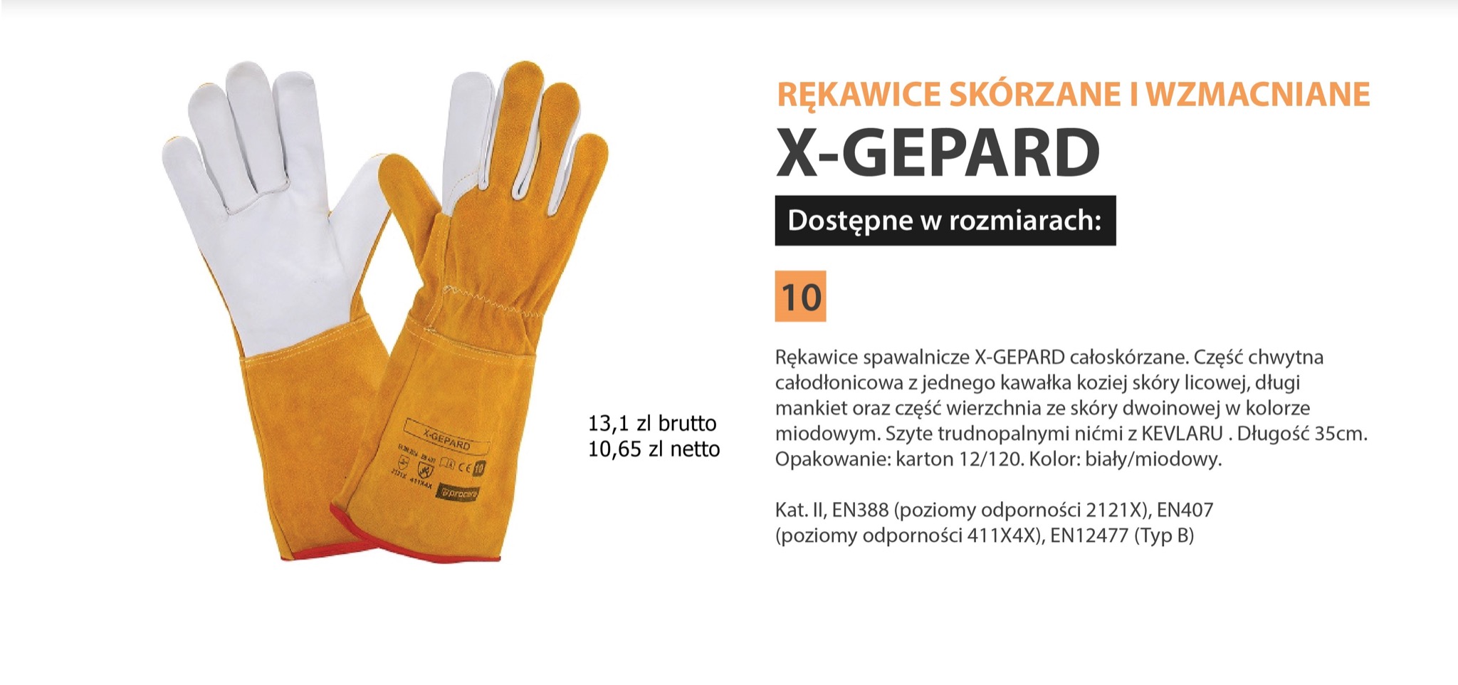 Skórzane rękawice spawalnicze X-Gepard z długim mankietem, część chwytna z białej skóry licowej, część wierzchnia miodowa, widoczne oznaczenia norm bezpieczeństwa.