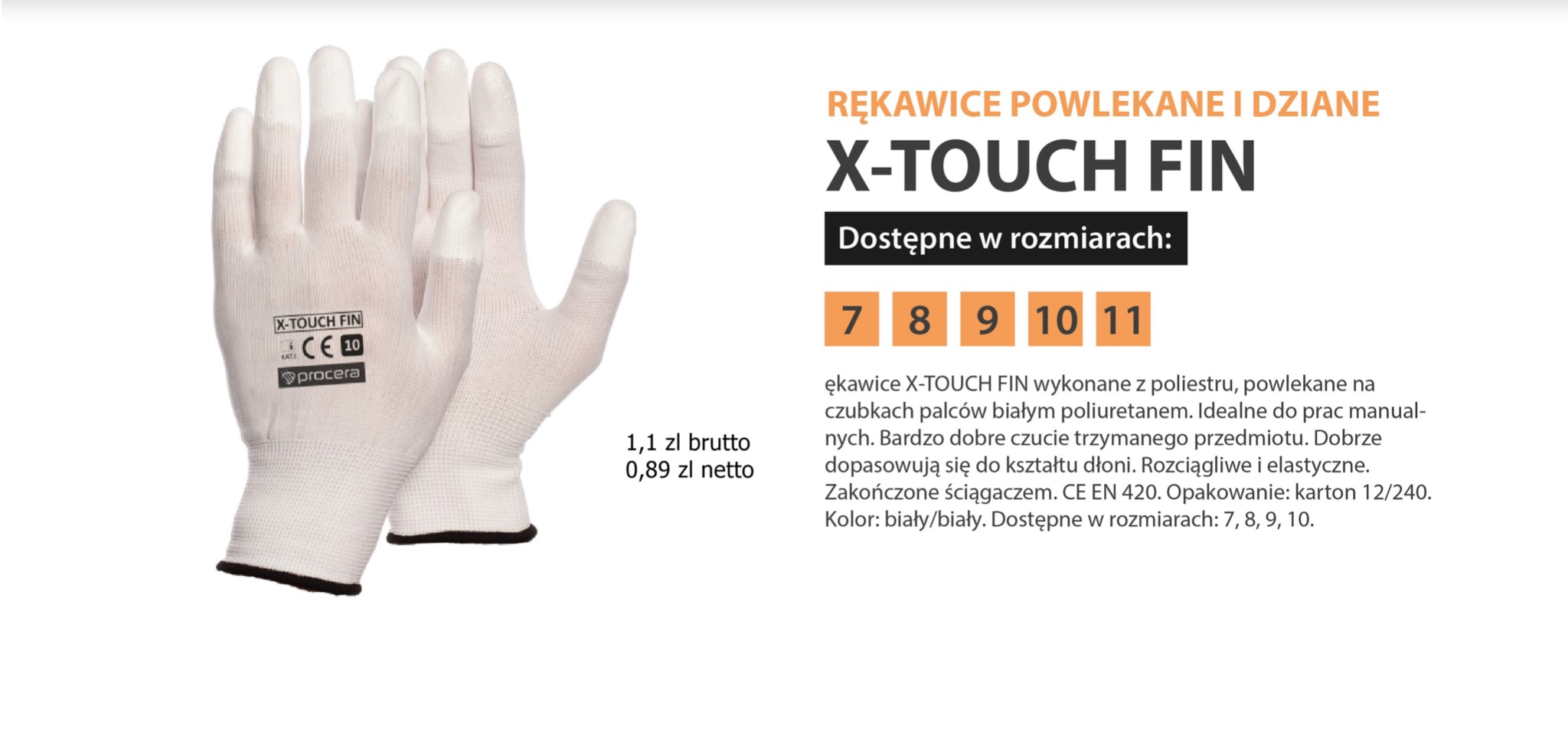 Białe, dziane rękawice robocze X-TOUCH FIN z powlekanymi poliuretanem końcówkami palców, prezentowane na białym tle z informacjami o cenie i dostępnych rozmiarach.