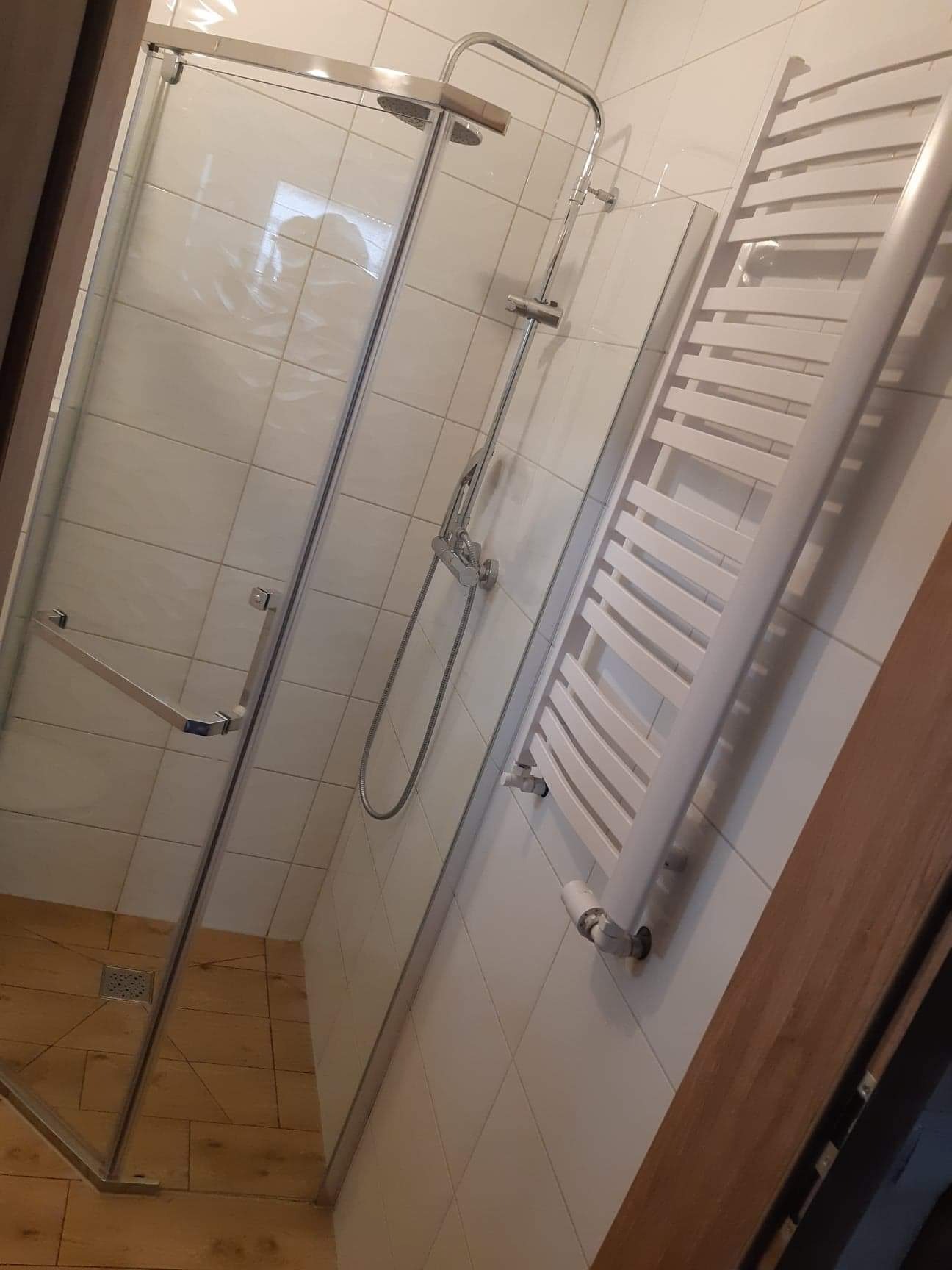 Nowoczesna kabina prysznicowa z transparentnymi drzwiami, szklana ścianka z chromowanymi uchwytami, białe płytki na ścianach i podłoga wyłożona płytkami imitującymi drewno, grzejnik drabinkowy.