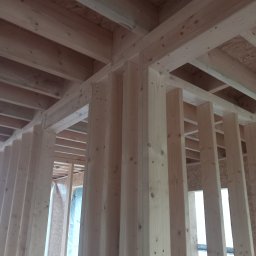 M+T DOMY Tomasz Minge - Surowe drewniane elementy konstrukcyjne w trakcie budowy domu, widoczne słupy i belki stropowe, jasne drewno, niedokończona konstrukcja.