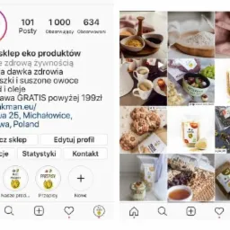 Profil Instagram sklepu internetowego ze zdrową żywnością Pakman, prezentujący logo, liczbę postów, obserwujących i obserwowanych, dane kontaktowe, przyciski akcji oraz siatkę zdjęć produktów...