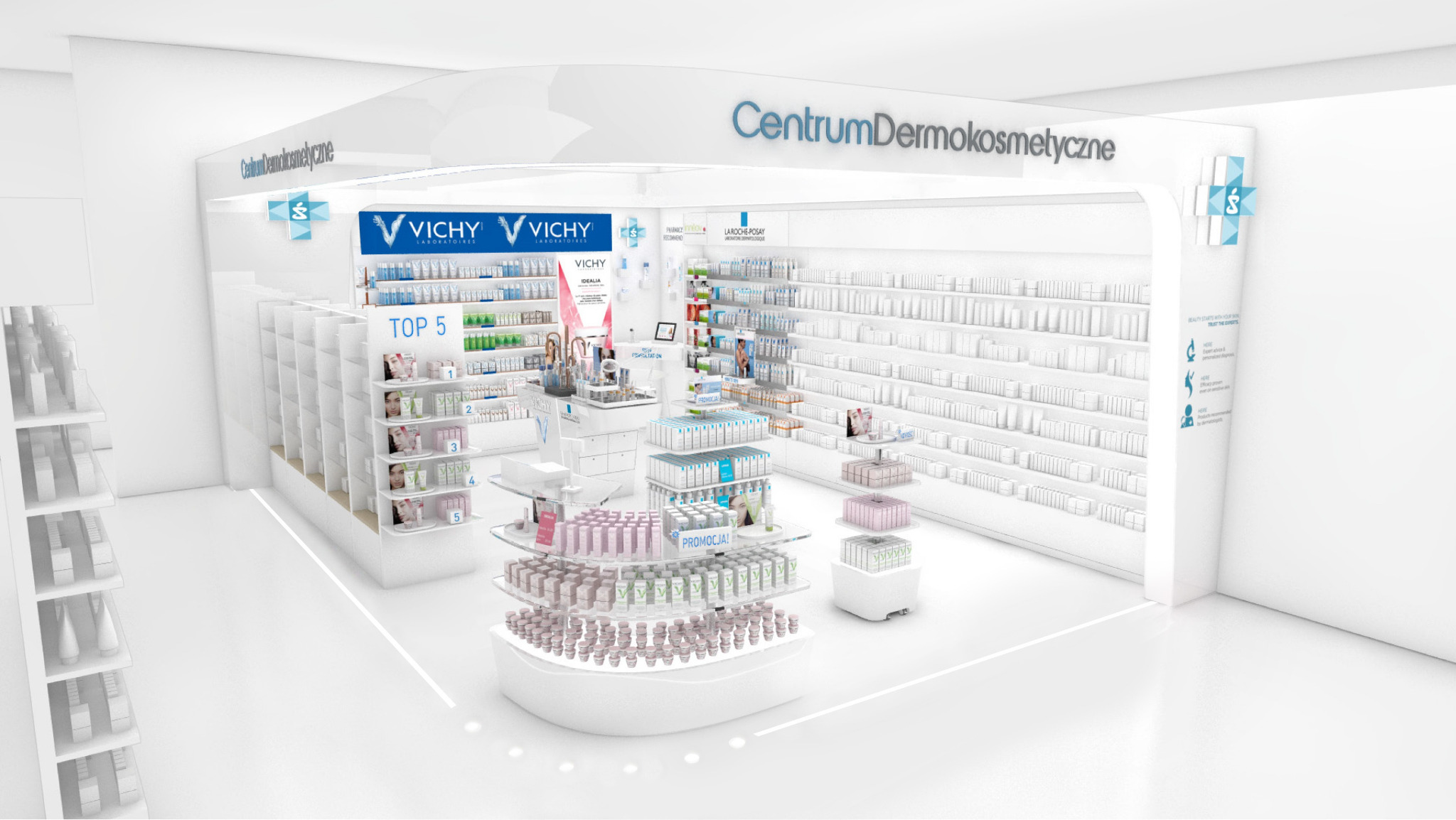 Wizualizacja wnętrza centrum dermokosmetycznego z produktami marek Vichy i La Roche-Posay, eksponowanymi na półkach i regałach z oznaczeniami promocyjnymi.