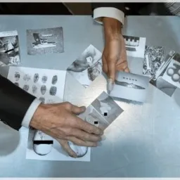 Dwie pary rąk układają czarno-białe zdjęcia na metalowym stole, w tym odciski palców i fragmenty twarzy, sugerujące analizę dowodów.