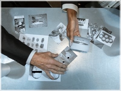 Dwie pary rąk układają czarno-białe zdjęcia na metalowym stole, w tym odciski palców i fragmenty twarzy, sugerujące analizę dowodów.