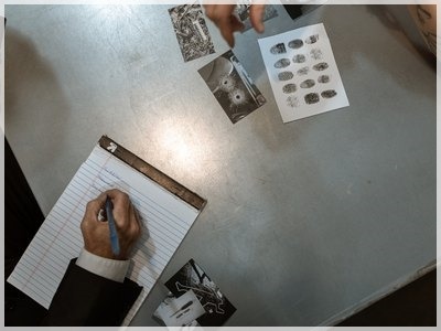 Osoba w garniturze sporządza notatki na kartce obok zdjęć z dowodami, w tym odciski palców i ślady po kulach.