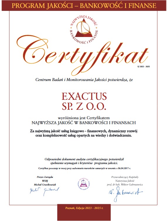 Certyfikat Najwyższa Jakość w Bankowości i Finansach