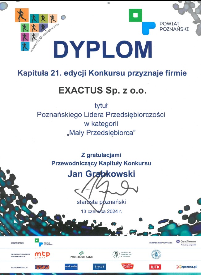 Certyfikat potwierdzający nadanie tytułu Poznańskiego Lidera Przedsiębiorczości