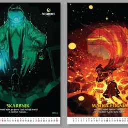 Grafika przedstawiająca dwa projekty okładek kalendarza na rok 2016, utrzymane w stylistyce fantasy, z ilustracjami postaci i motywami związanymi z górnictwem i ogniem, z logo firmy Węglokoks.