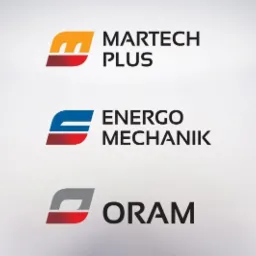 Prezentacja trzech różnych logotypów firm: Martech Plus z pomarańczowo-czerwonym symbolem, Energo Mechanik z niebiesko-czerwonym symbolem oraz ORAM z szaro-czerwonym symbolem, na gradientowym...