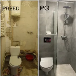 Porównanie stanu łazienki przed i po remoncie: po lewej zniszczone płytki, stara toaleta, po prawej nowoczesna kabina prysznicowa z deszczownicą i szare płytki.