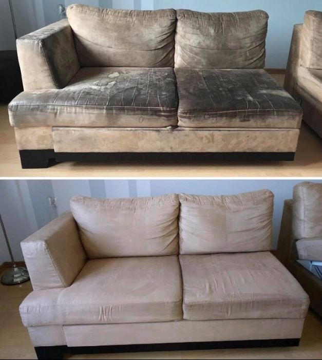 Porównanie sofy przed i po czyszczeniu: widoczna duża różnica w kolorze i czystości tapicerki, z ciemnych plam i zabrudzeń do jednolitego, jasnego odcienia beżu.