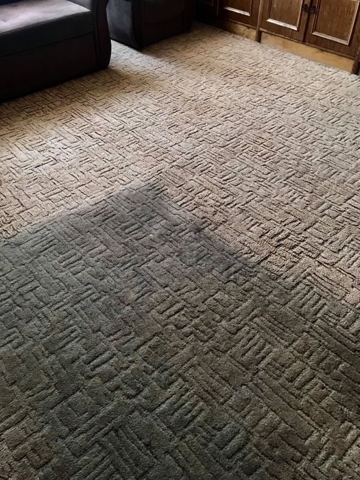 Wzorzysty dywan w odcieniach beżu i brązu, częściowo zacieniony, z widocznymi meblami w tle.