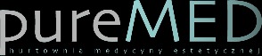 Logo firmy PureMED, hurtownia artykułów dla gabinetów, szare 'pure' i turkusowe 'MED' na czarnym tle.