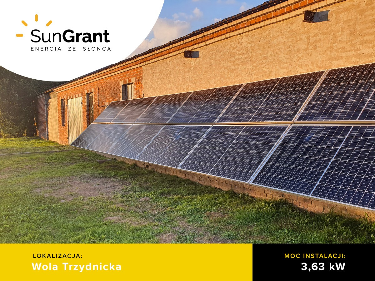 Panele słoneczne zamontowane na niskim murku przy budynku gospodarczym z cegły, logo firmy SunGrant widoczne w lewym górnym rogu, informacja o lokalizacji: Wola Trzyndnicka i mocy instalacji: 3,63 kW.
