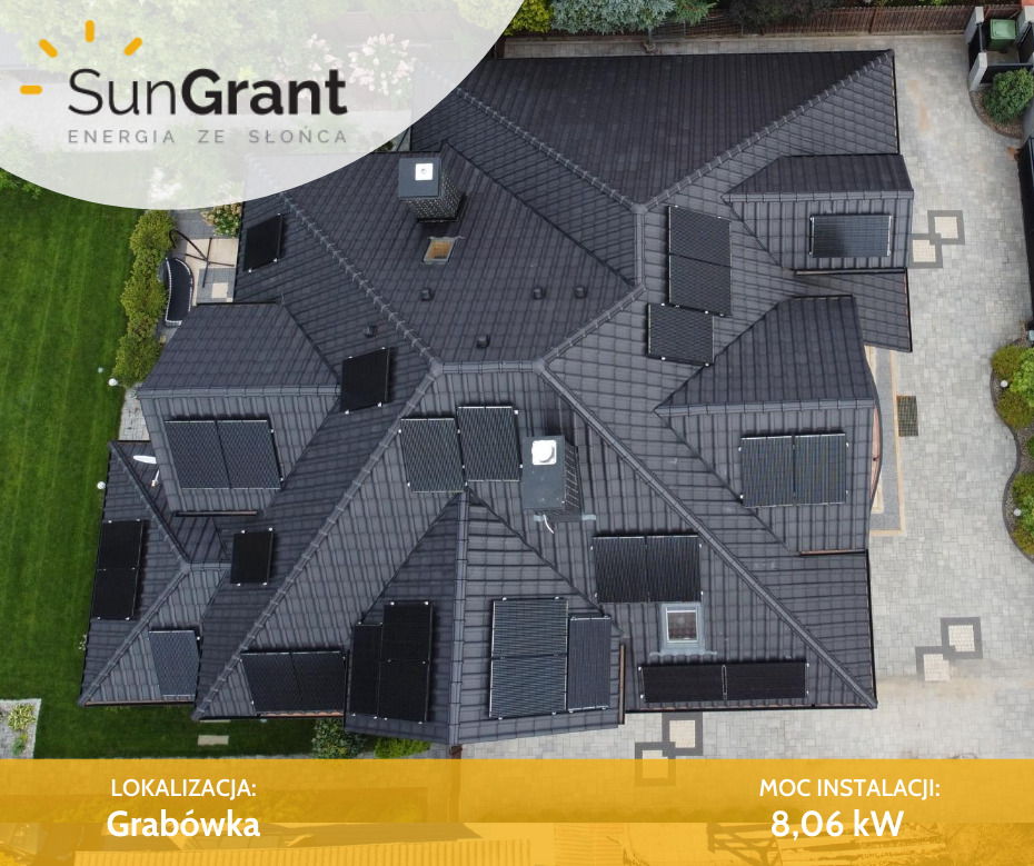 Widok z drona na dach domu w Grabówce z zamontowanymi panelami fotowoltaicznymi Ulica Solar 310 Wp i inwerterem SolarEdge SE7K o mocy instalacji 8,06 kW, otoczony zielenią i brukowanym podjazdem.