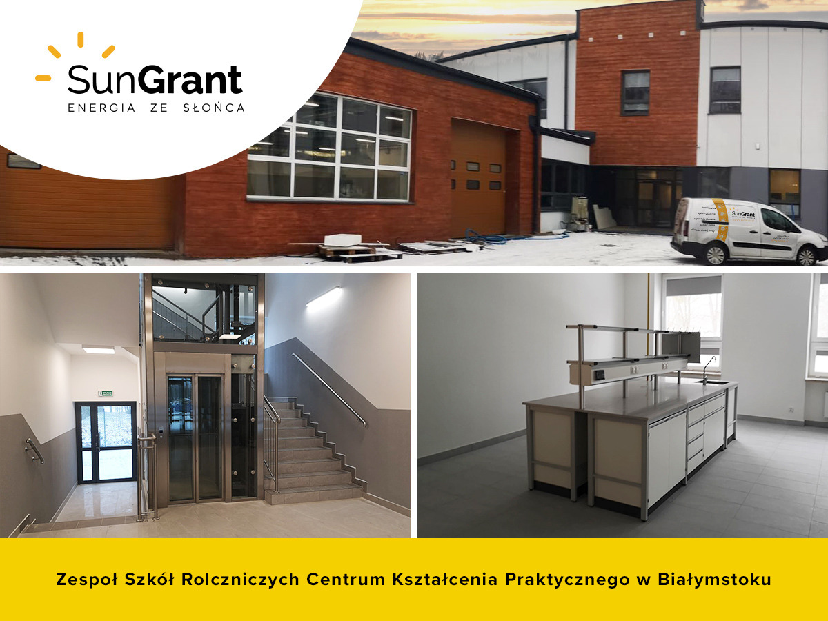 Budynek Zespołu Szkół Rolniczych w Białymstoku z logo SunGrant na samochodzie dostawczym, wnętrze z windą osobową i schodami, oraz wyposażona pracownia.