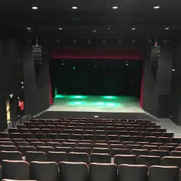 Widok z góry na salę widowiskową z rzędami foteli, sceną z czerwonymi kurtynami i oświetleniem punktowym w kolorze zielonym, z widocznymi głośnikami po bokach sceny.