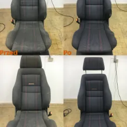 Czyszczenie tapicerki fotela samochodowego Recaro: porównanie stanu przed i po zabiegu, widoczne różnice w czystości i odświeżeniu materiału.