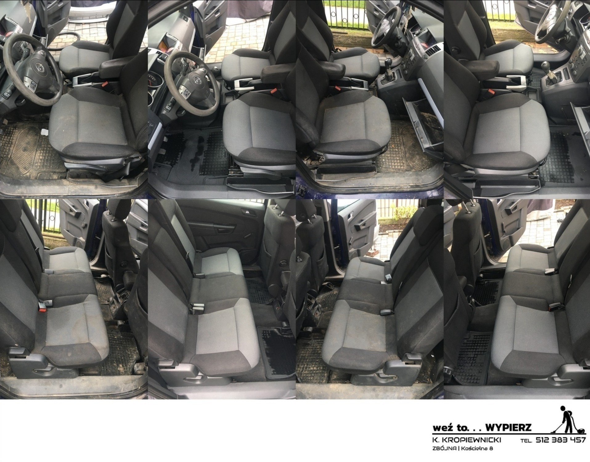 Wnętrze samochodu przed i po czyszczeniu, widoczne fotele i dywaniki z wyraźną różnicą w czystości, ujęcie z różnych perspektyw.