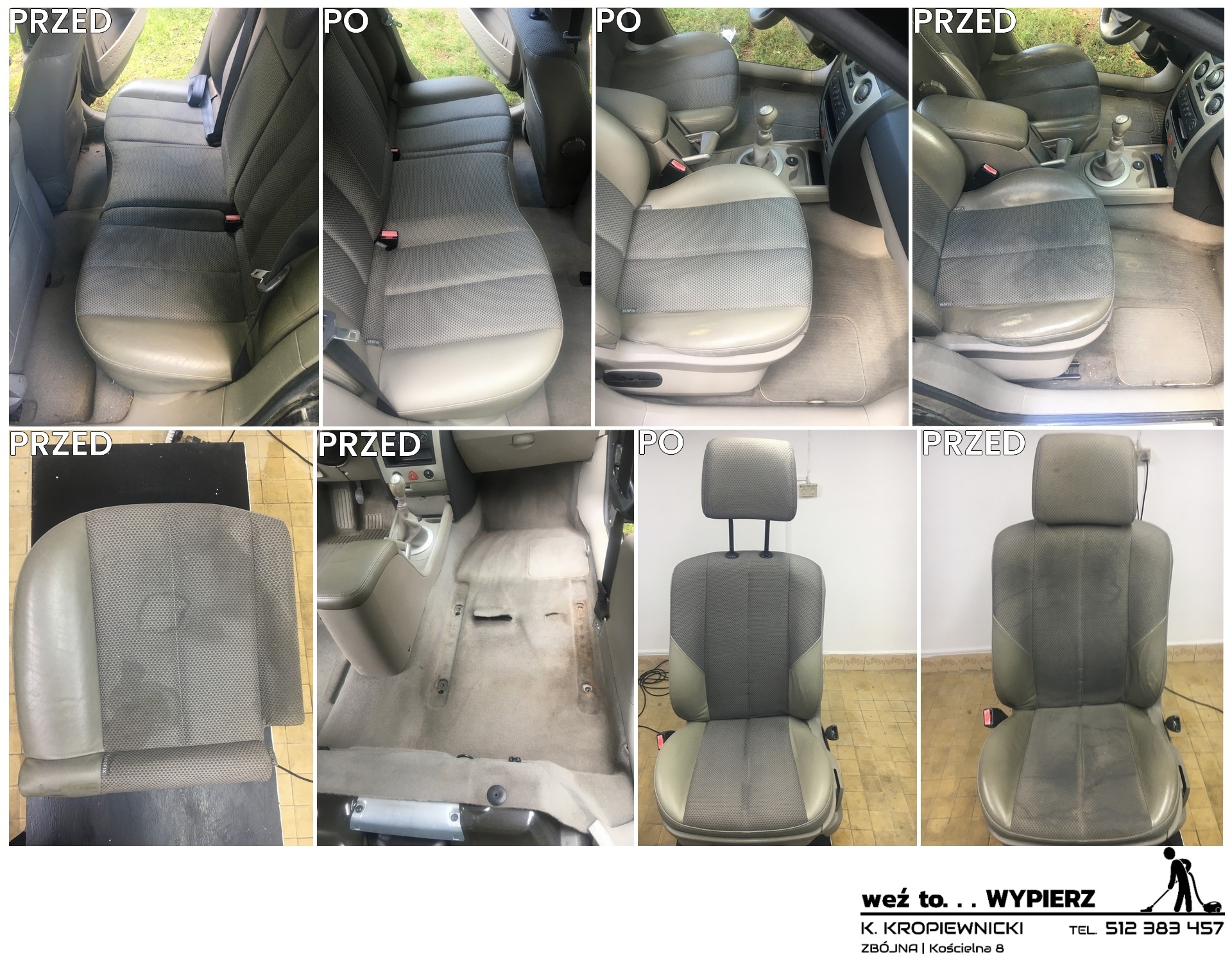 Kompozycja zdjęć 'przed' i 'po' prezentująca efekty czyszczenia tapicerki samochodowej: fotele, kanapa i podłoga wewnątrz pojazdu, z widoczną różnicą w czystości i wyglądzie.
