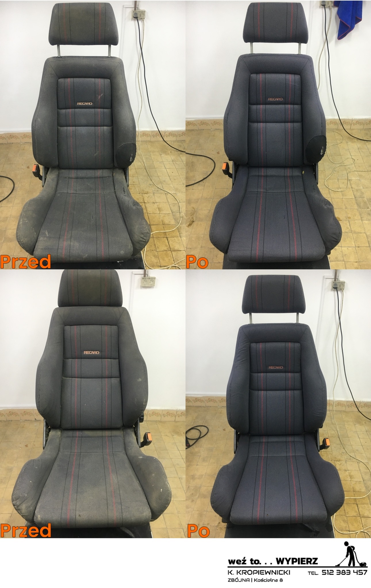 Czyszczenie tapicerki fotela samochodowego Recaro: porównanie stanu przed i po zabiegu, widoczne różnice w czystości i odświeżeniu materiału.