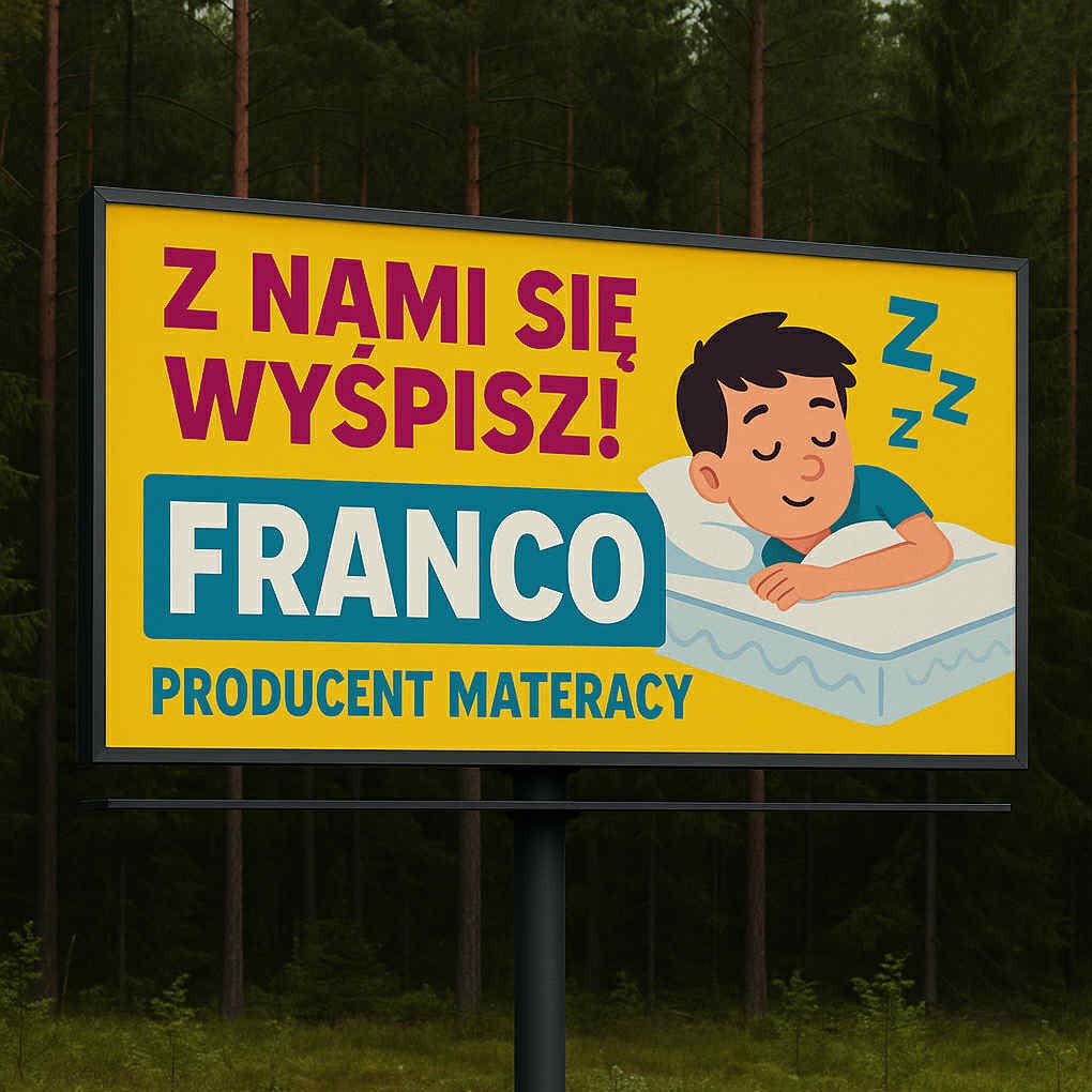 Billboard reklamowy producenta materacy 'Franco' z hasłem 'Z nami się wyśpisz!' i śpiącą postacią na materacu, na tle lasu.