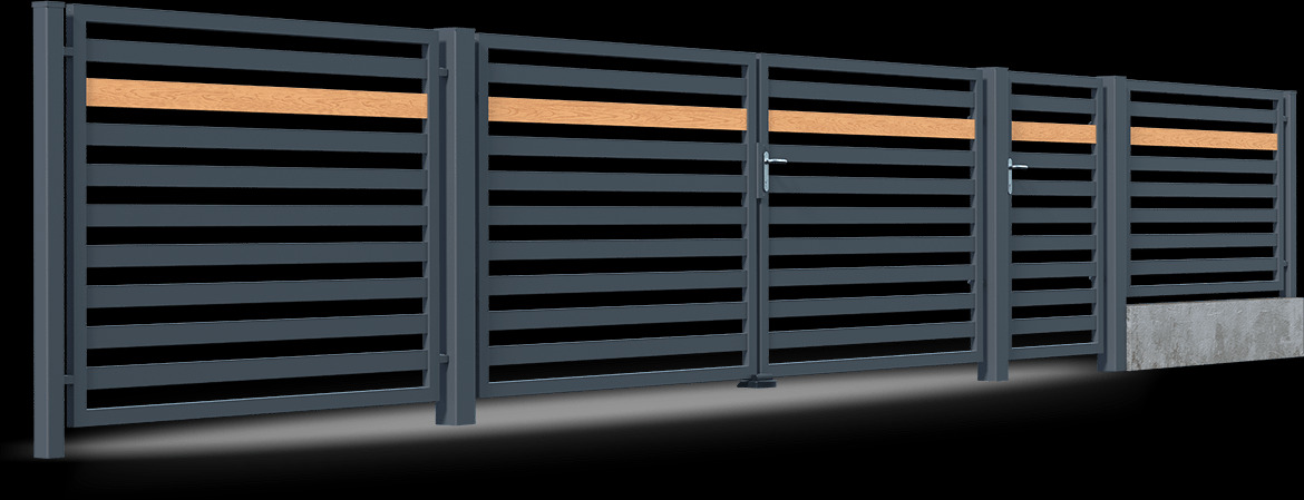 Nowoczesne ogrodzenie panelowe z poziomymi szczeblami w kolorze grafitowym, z akcentem w postaci drewnianego pasa pośrodku, widoczny fragment betonowej podmurówki.