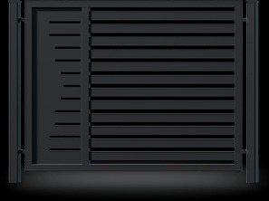 Nowoczesna, czarna brama wjazdowa z poziomych profili stalowych, część z pionowymi akcentami, na ciemnym tle.