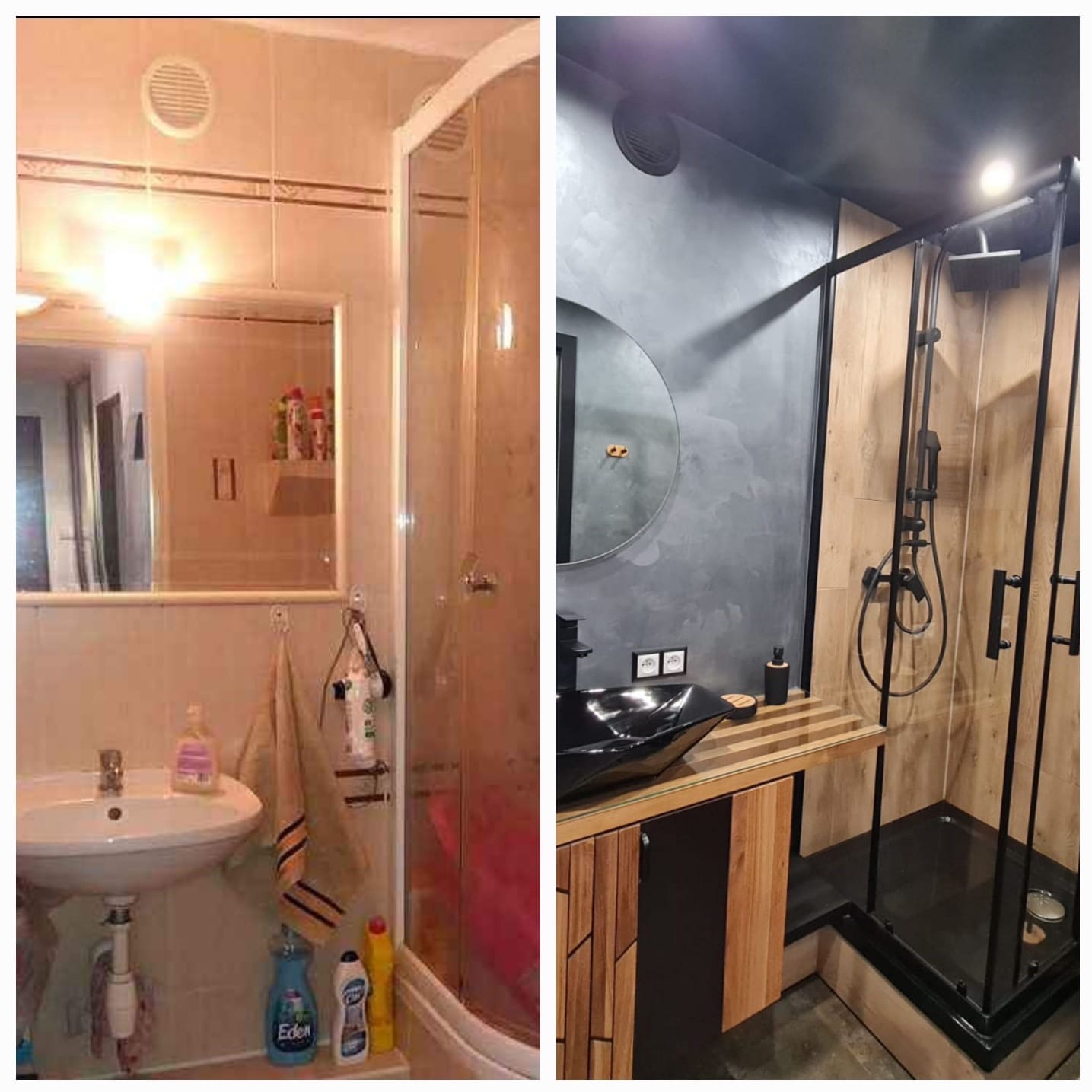 Zdjęcie 'przed i po' prezentuje metamorfozę łazienki: od jasnych płytek i kabiny z tworzywa do nowoczesnego designu z szarą ścianą, drewnem i czarną armaturą.