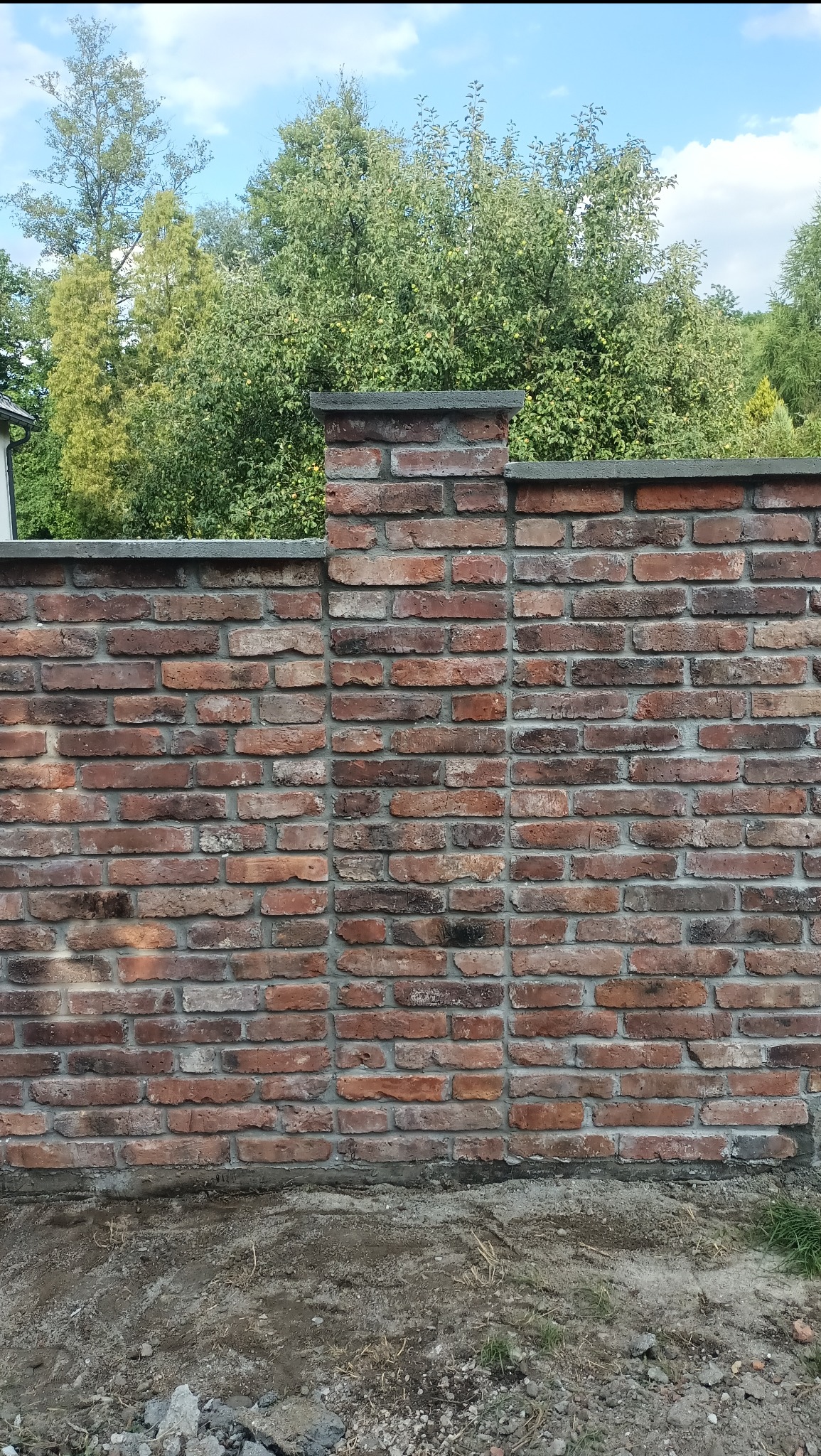Mur z czerwonej cegły z szarą fugą i betonowym wykończeniem, na tle zieleni drzew i błękitnego nieba. Widoczny fragment fundamentu.