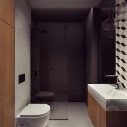 Nowoczesna łazienka z kabiną prysznicową typu walk-in, umywalką nablatową na drewnianej szafce i geometryczną mozaiką na ścianie.