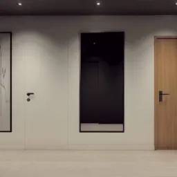 Nowoczesne wnętrze z trzema białymi drzwiami z czarnymi klamkami, czarnym lustrem w ramie i pionowym obrazem w ramie, oświetlone punktowymi lampami sufitowymi.