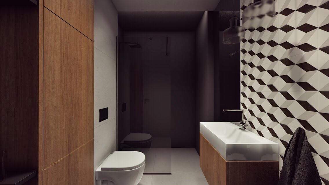Nowoczesna łazienka z kabiną prysznicową typu walk-in, umywalką nablatową na drewnianej szafce i geometryczną mozaiką na ścianie.