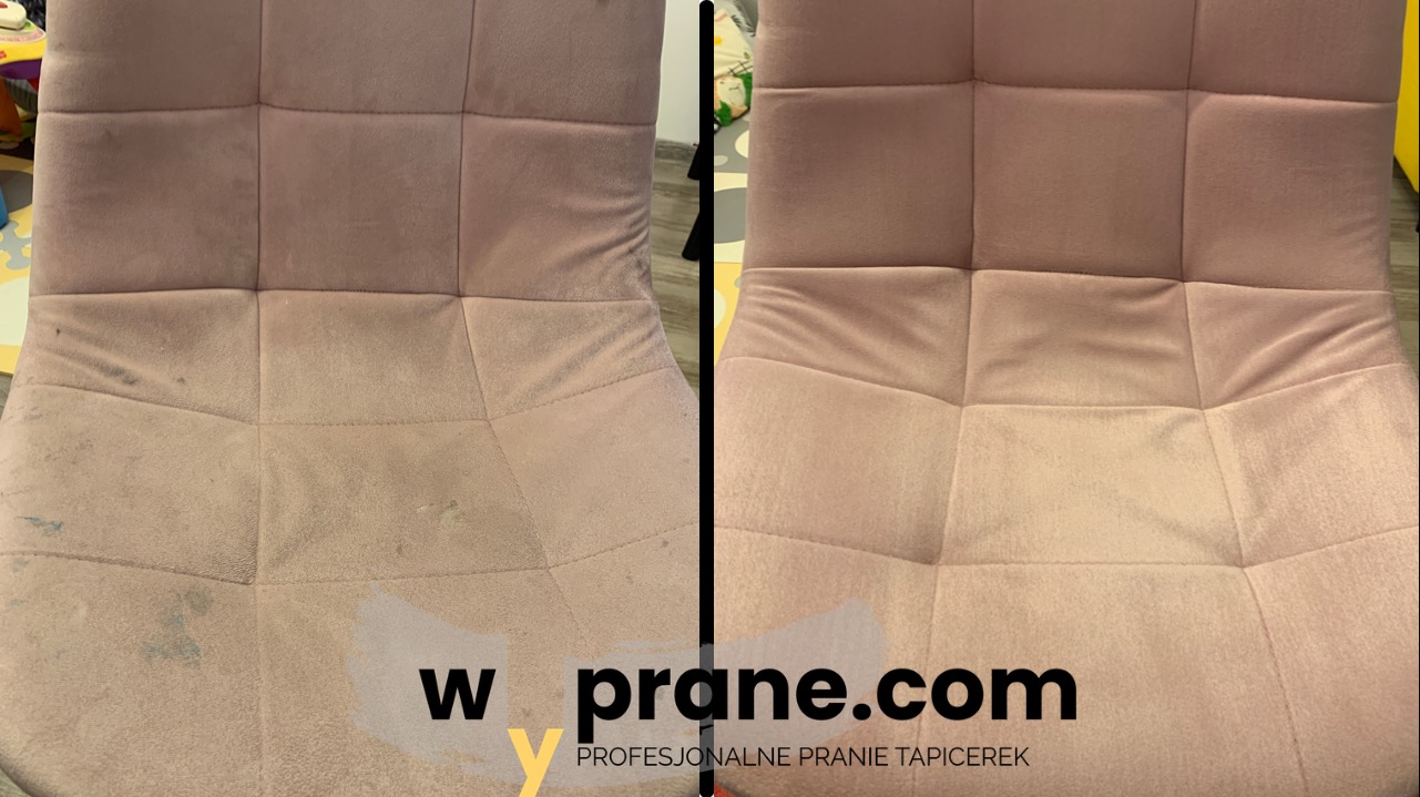 Różowa tapicerowana krzesło z widocznym efektem czyszczenia: po lewej stronie zabrudzenia, po prawej czysta tapicerka.