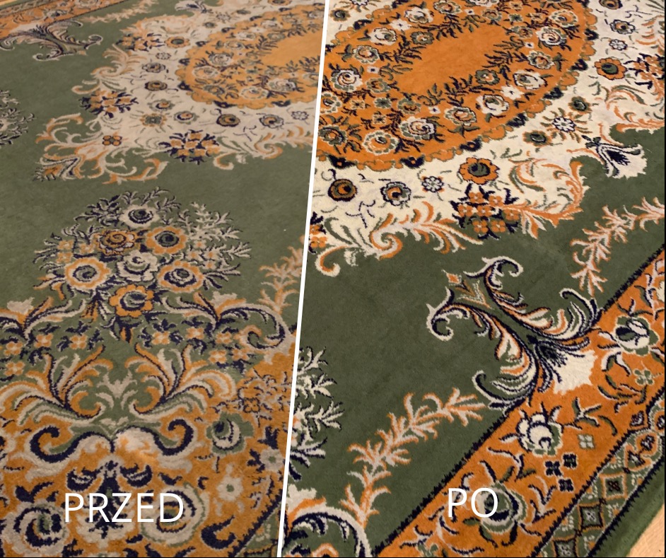 Dywan z roślinnym wzorem, podzielony na dwie części: lewa strona z widocznymi zabrudzeniami oznaczona napisem 'PRZED', prawa strona po czyszczeniu oznaczona napisem 'PO'.