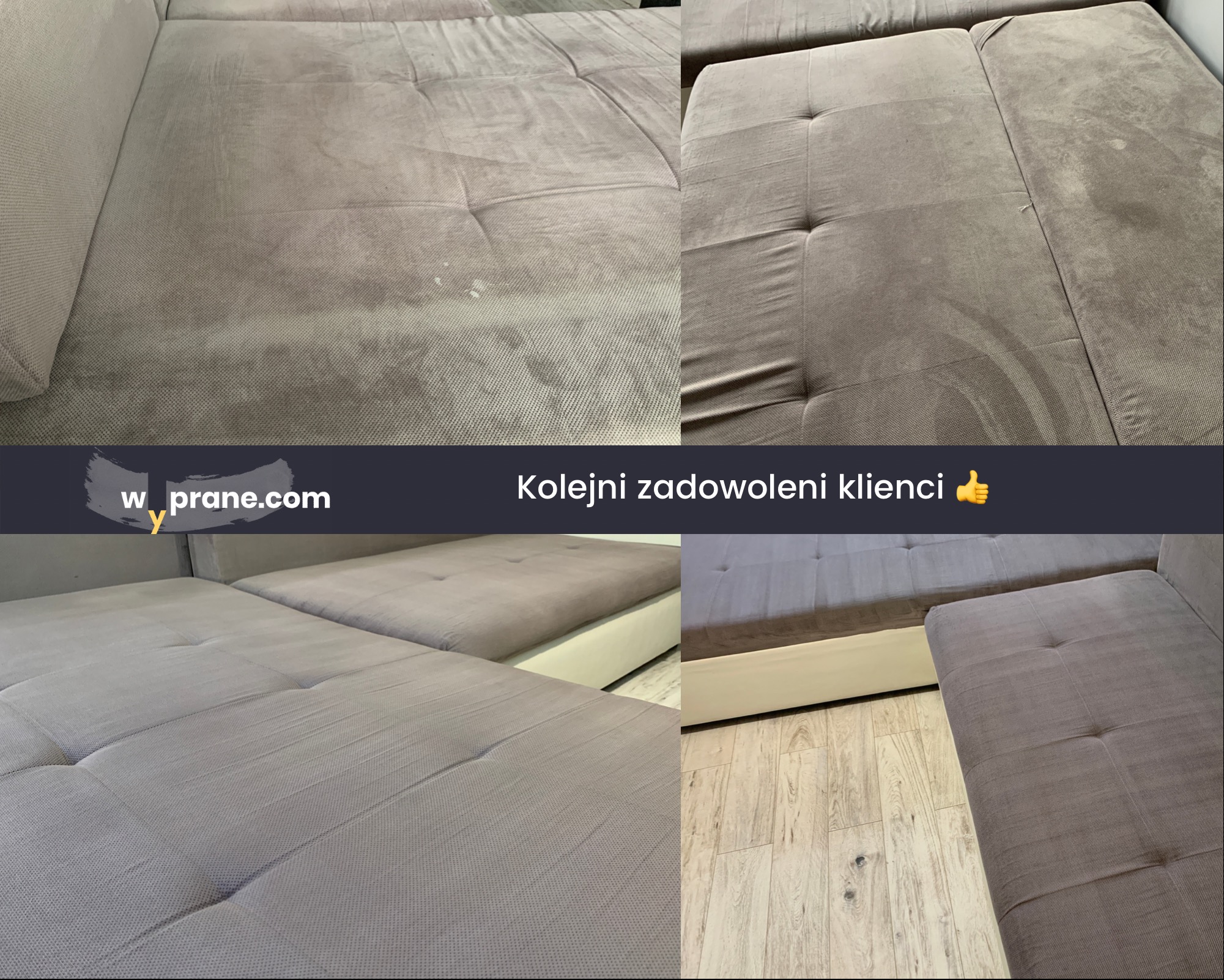 Kolaż przedstawiający sofę modułową przed i po czyszczeniu, z widocznymi plamami na tapicerce przed zabiegiem i czystą powierzchnią po, z dodanym tekstem promocyjnym.