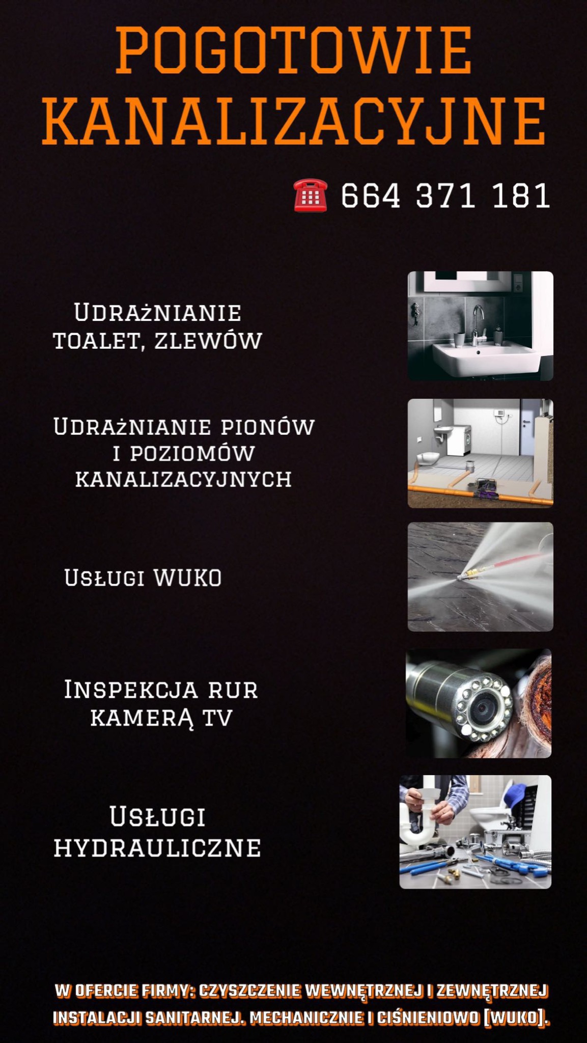 Grafika reklamowa usług kanalizacyjnych: pogotowie kanalizacyjne, udrażnianie toalet i zlewów, udrażnianie pionów i poziomów kanalizacyjnych, usługi WUKO, inspekcja rur kamerą TV, usługi...