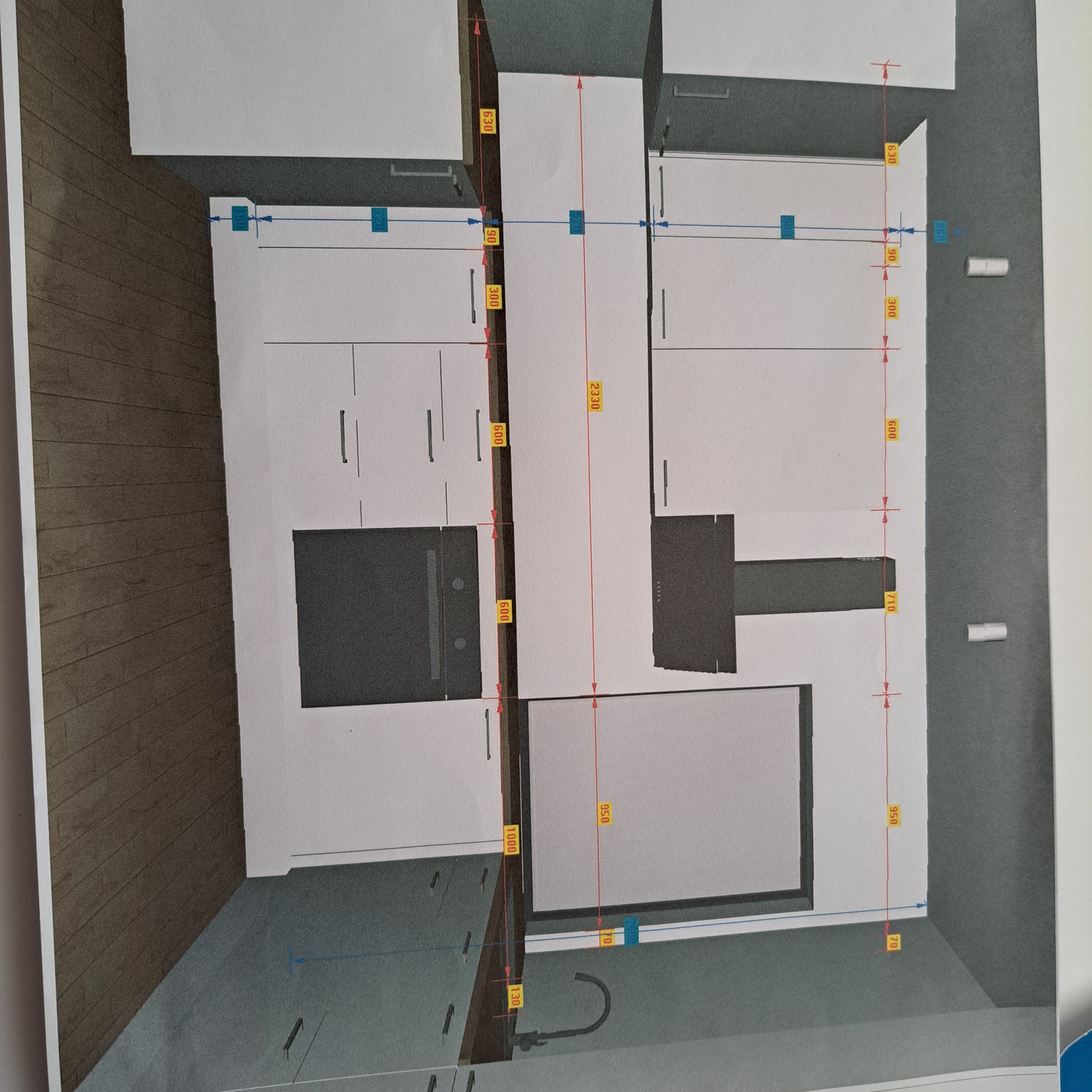 Rzut techniczny kuchni z wymiarami, prezentujący rozmieszczenie szafek, sprzętów AGD i armatury.