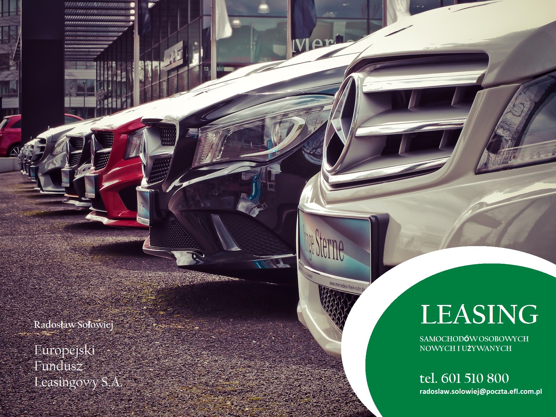 Rząd zaparkowanych samochodów marki Mercedes w kolorach białym, czarnym i czerwonym, z widocznymi przednimi światłami i logo, na tle salonu samochodowego.