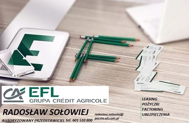 Biurko z tabletem wyświetlającym logo firmy, smartfonem, ułożonymi w kształt litery 'F' zielonymi ołówkami, wizytówkami i laptopem w tle.