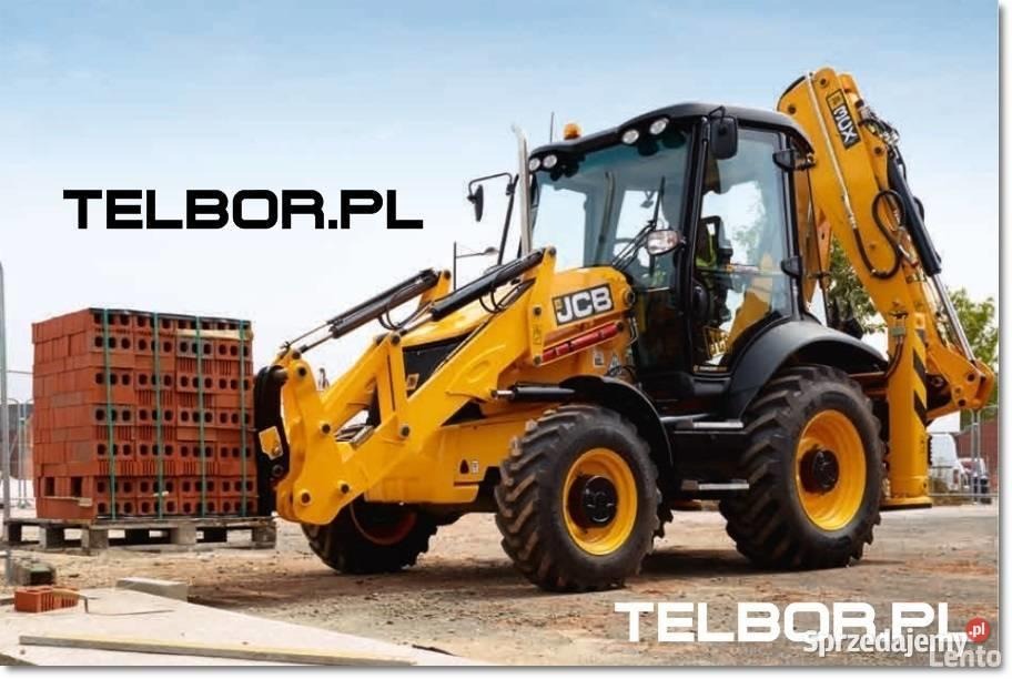 Żółta koparko-ładowarka JCB stoi na ziemi obok palety z cegłami. Na zdjęciu widoczne logo firmy TELBOR.PL.
