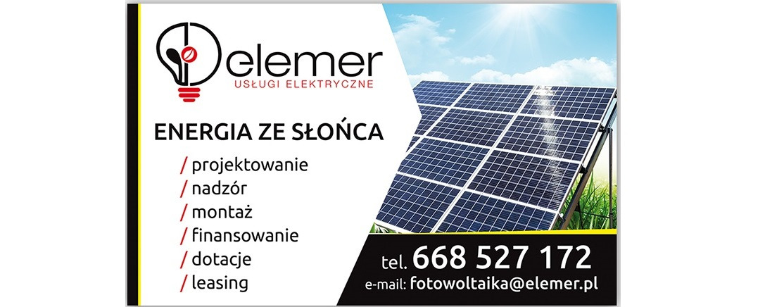 Grafika reklamowa firmy Elemer z panelem słonecznym na tle błękitnego nieba, informująca o usługach projektowania, nadzoru, montażu, finansowania, dotacji i leasingu energii ze słońca.